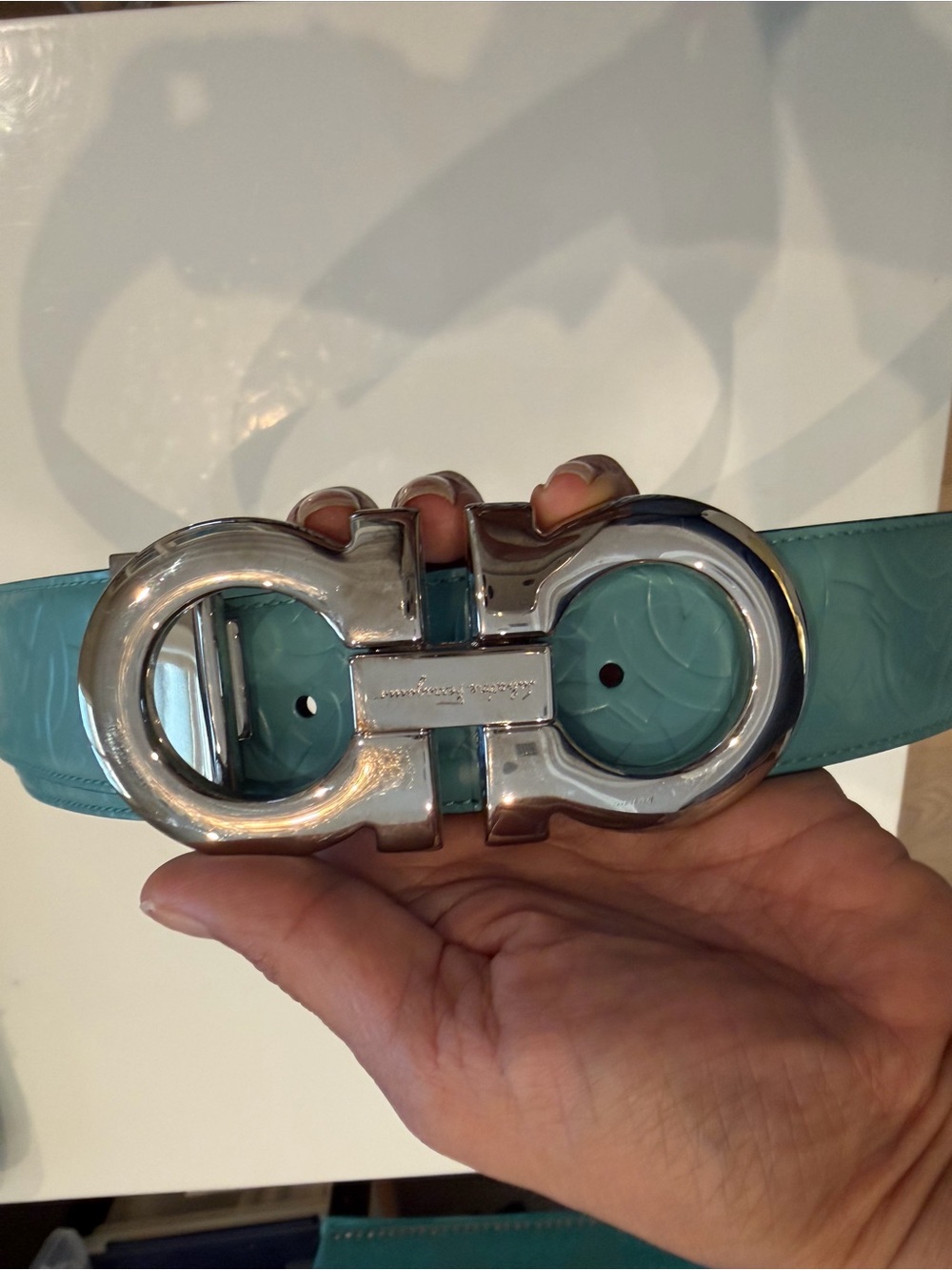 Salvatore Ferragamo Turquoise Patent Leather Gancini Buckle Belt